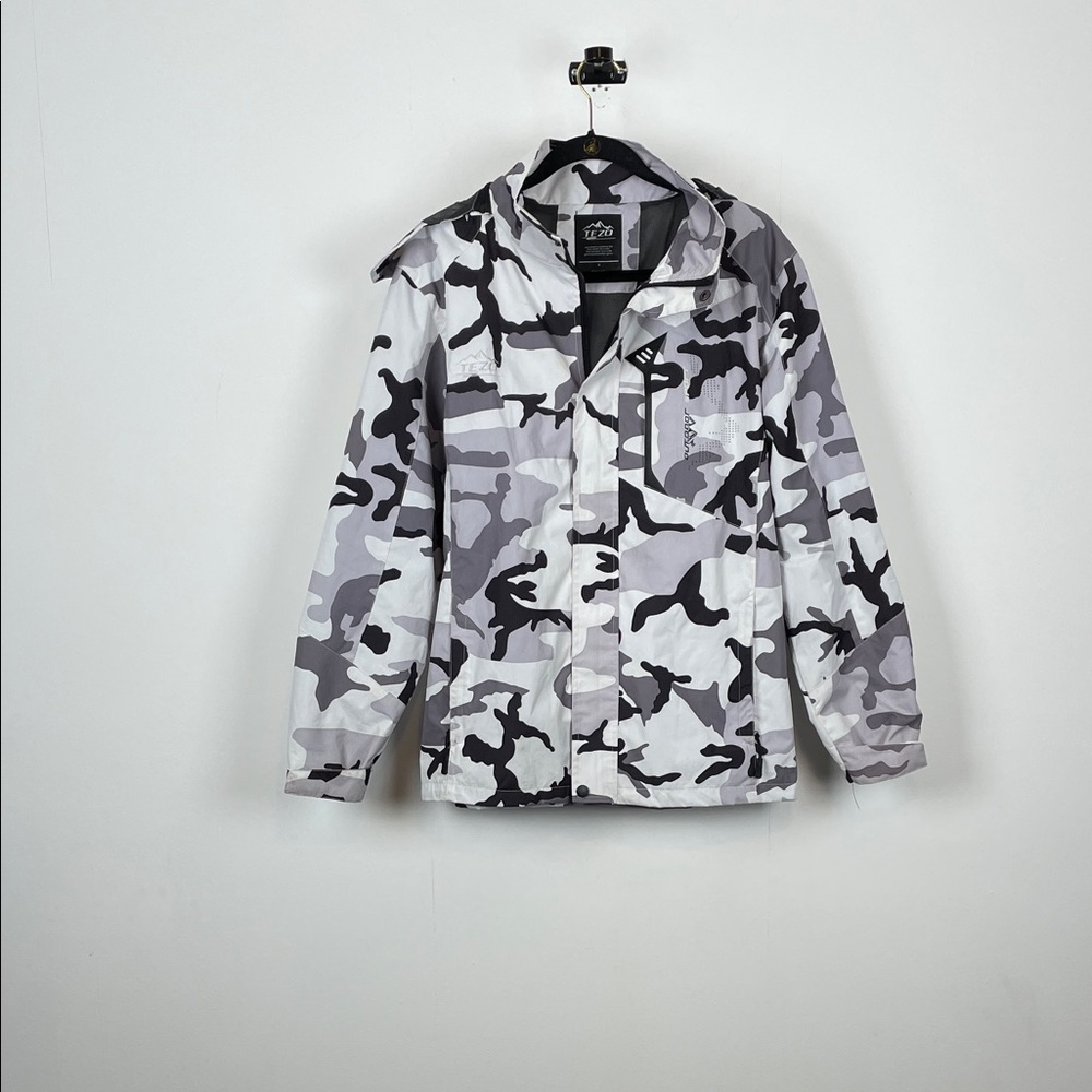 Tezo Outdoor Black Gray Camo Zip Off Detached Hood Full Zip Men's S Rain Jacket